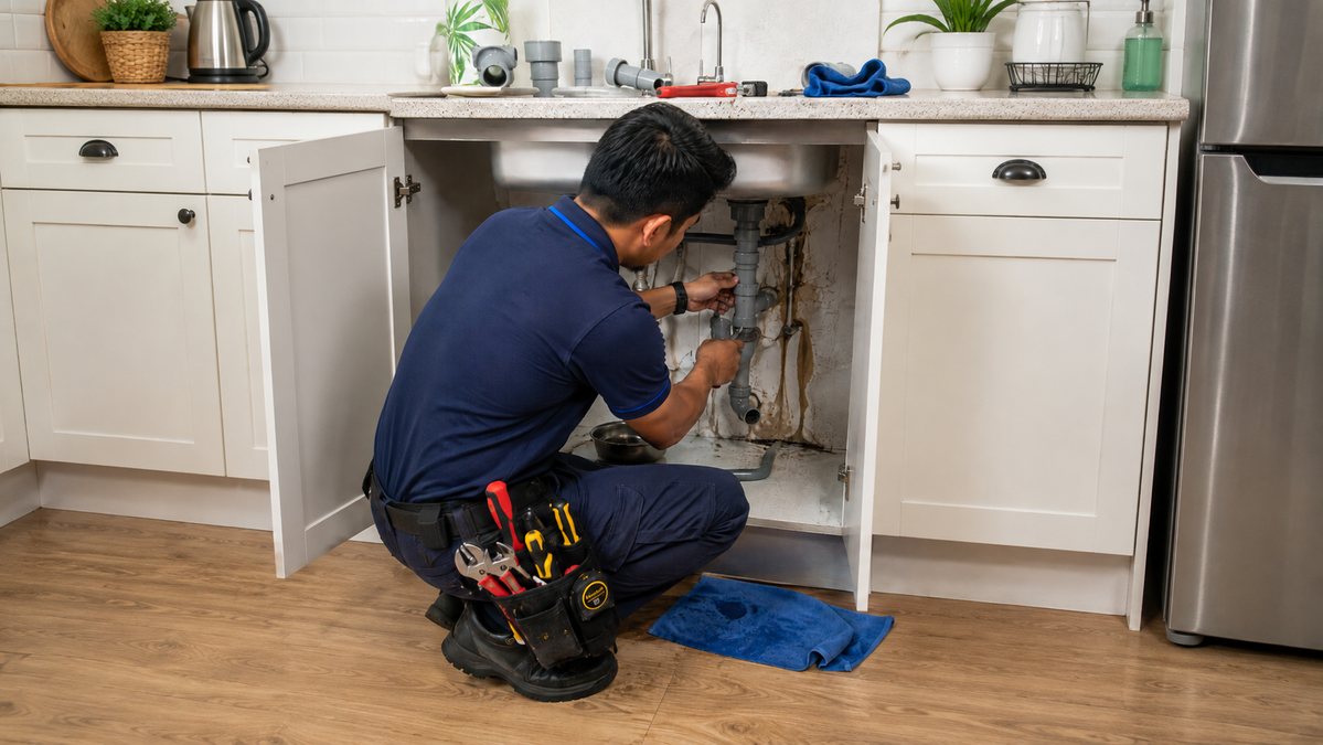 Plumber sedang membaiki paip sinki