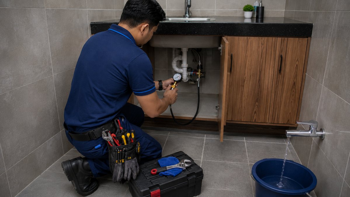 Plumber sedang memeriksa tekanan air di bawah sinki