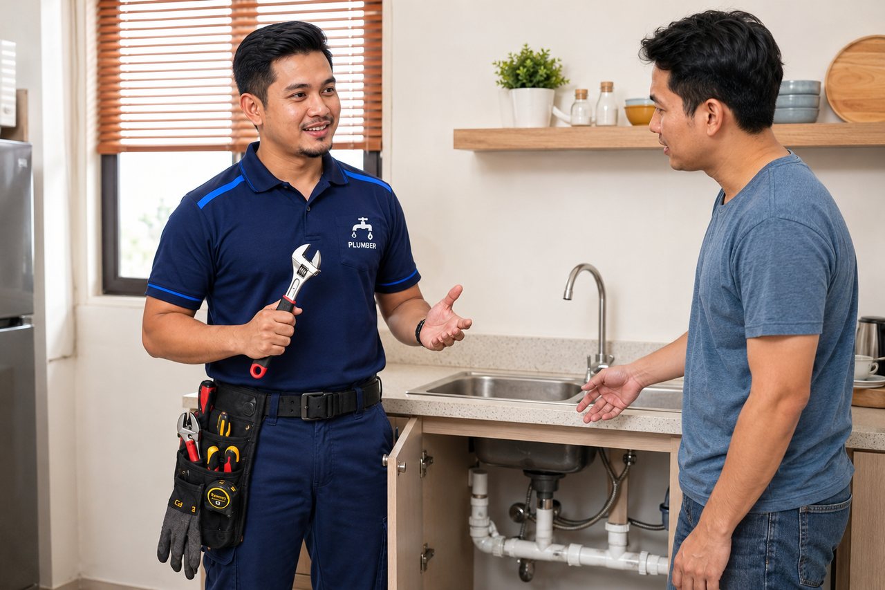 Plumber Ahmad menerangkan masalah sinki kepada pelanggan